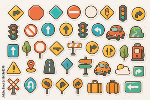 Colorful cartoon traffic and travel stickers with road signs and vehicles