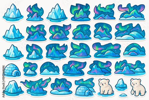 Colorful arctic scenes with igloos, icebergs, northern lights, and polar bears