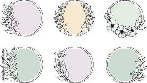 Set of six handdrawn floral circle frames isolated on white background perfect for logos, wedding invitations, greeting cards, and other designs