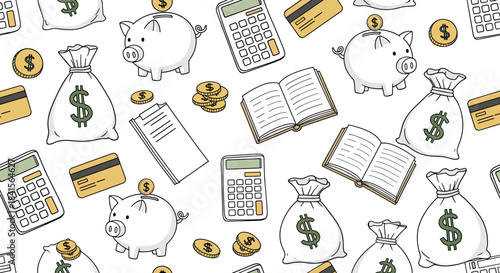 Seamless pattern with hand drawn finance elements isolated on white background piggy bank, money bag, calculator, credit card, coins, notebook, book