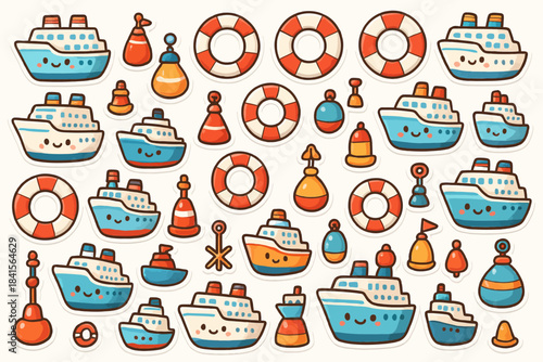 Cute nautical elements with boats, buoys, and lifebuoys in whimsical cartoon style