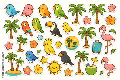 Colorful tropical stickers including birds, palm trees, and flowers