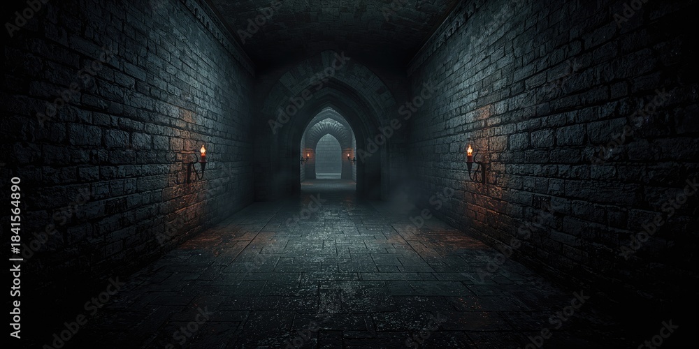 Naklejka premium Long, lit corridor inside a medieval fortress with stone arches, architectural preservation, historical site preservation day