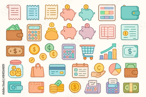 Colorful financial icons set featuring piggy banks, wallets, and graphs