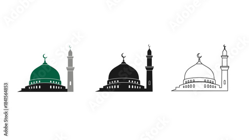 Mosque icon set with dome and minaret