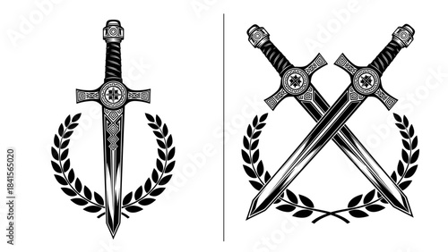 Crusader sword emblem with laurel wreath