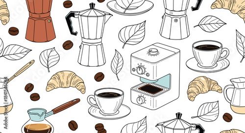 Seamless pattern with coffee elements isolated on white background hand drawn sketch style coffee maker, cup, croissant, coffee bean, leaf vector illustration