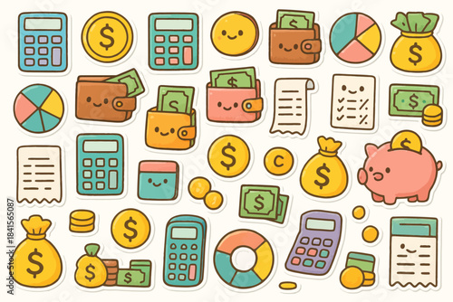 Colorful financial stickers: calculators, wallets, piggy banks, coins, and charts