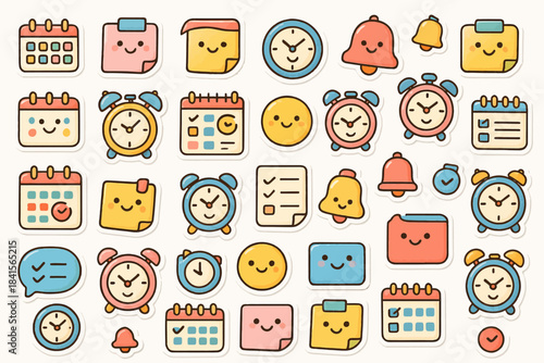 Cute kawaii planner stickers with calendars, clocks, and reminders