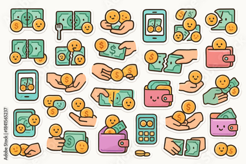Cartoon style money patterns with smiley faces wallets and coins