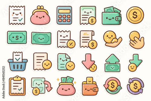 Cute kawaii financial icons with smiling faces in a variety of designs