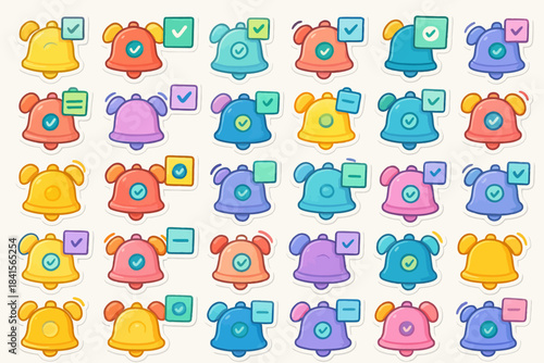 Colorful cartoon alarm clocks with check and cancel symbols in various arrangements