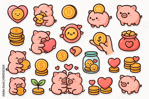 Cute piggy bank stickers with coins, hearts, and savings icons