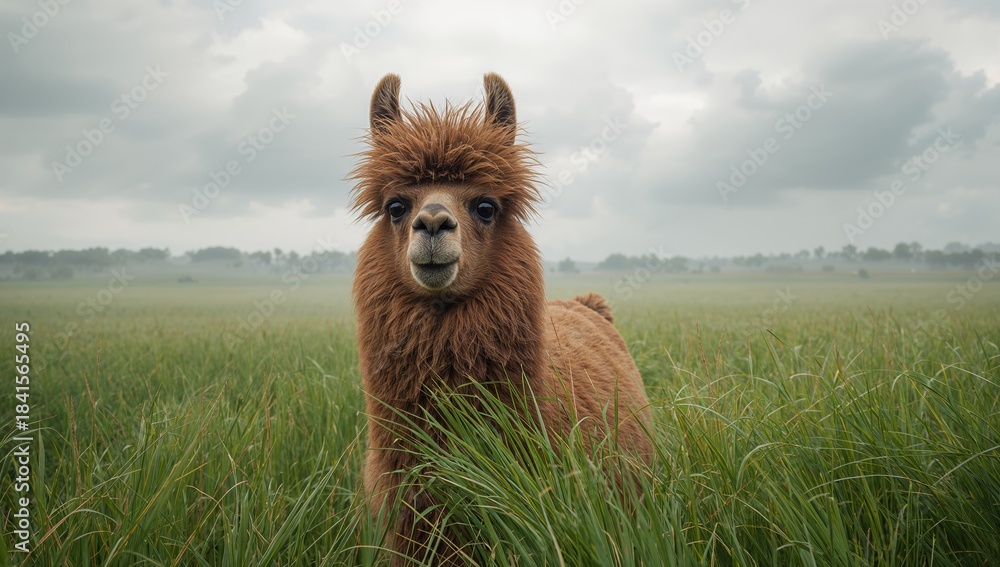 Fototapeta premium Llama with brown fur on a grassy field under a cloudy sky, focused on calmness and natural environment, World Animal Day
