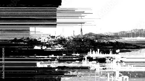 Glitch art representation of a modern cityscape skyline with abstract distortion Vector, illustration