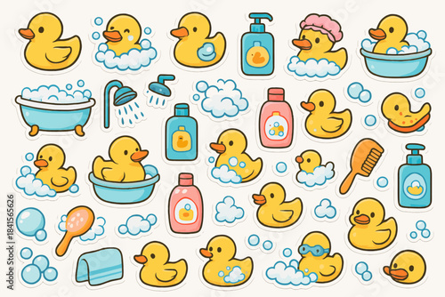 Cute rubber duck stickers with bath accessories and soap bubbles