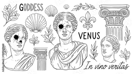 Ancient greek goddess venus illustration with floral elements