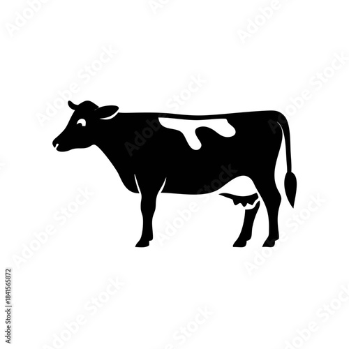 A black and white silhouette of a dairy cow standing on a white background.