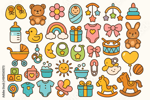 Colorful baby icons featuring toys, accessories, and animals