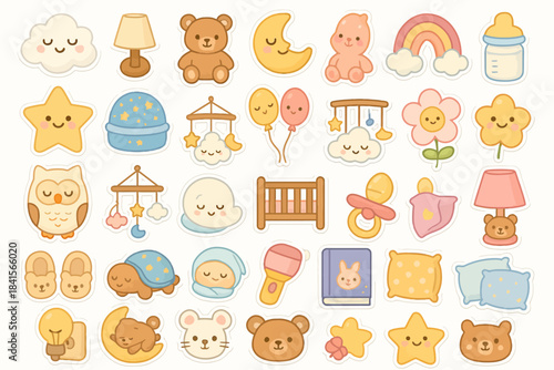 Cute baby room elements with bears, stars, and clouds in pastel colors