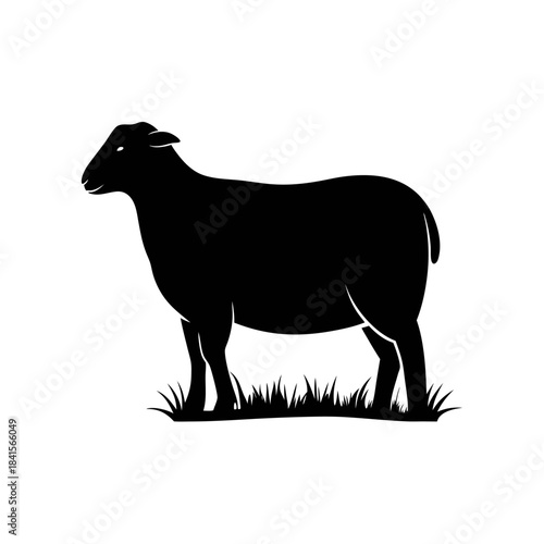 A black silhouette of a sheep standing in a patch of grass, facing left.
