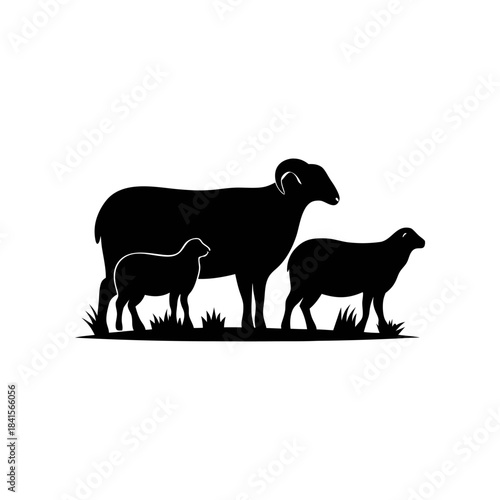 Silhouette of a ram with two sheep standing in grass, symbolizing family and livestock.