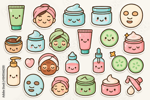Skincare icons with diverse faces and beauty products