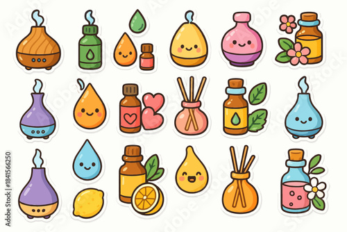 Cute aromatherapy icons: diffusers, essential oils, and relaxation symbols