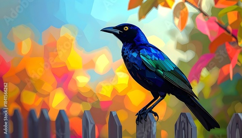 Glossy starling perched on a fence, with vibrant, painterly autumn foliage in the background