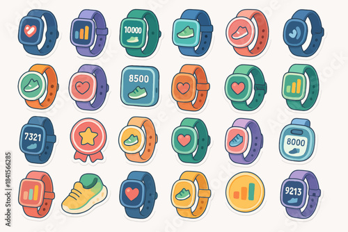Assorted smartwatch fitness icons displaying steps, heart rate, and goals