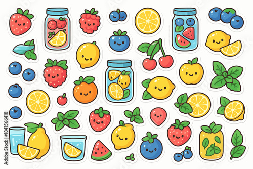 Cute fruity sticker collection: happy lemons, cherries, and berries with smiling faces