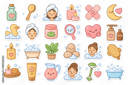Spa and wellness icons: relaxation, bathing, skincare, candles, and self-care elements