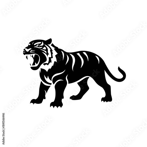 Black silhouette of a roaring tiger with visible teeth and stripes, depicted in a powerful and aggressive stance on a white background.