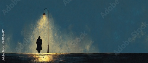 Solitary Figure Standing Under Streetlamp in Snowy Night Scene with Soft Glow