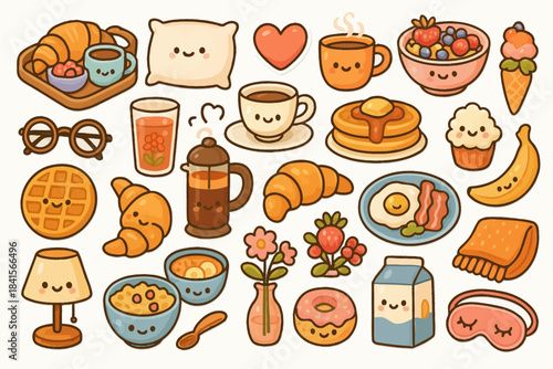 Cute breakfast food collection with croissants, coffee, and waffles in kawaii style
