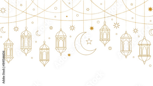 Elegant ramadan lanterns hanging with crescent moon and stars
