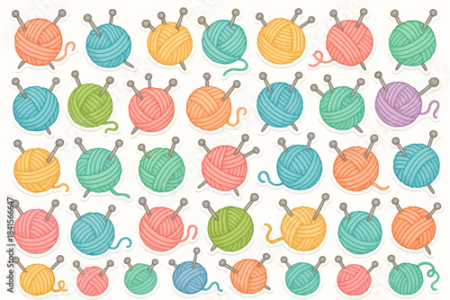 Colorful yarn balls with knitting needles pattern on white background