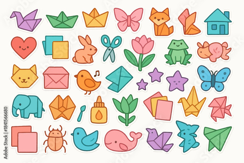 Colorful kawaii stickers of animals objects and origami designs