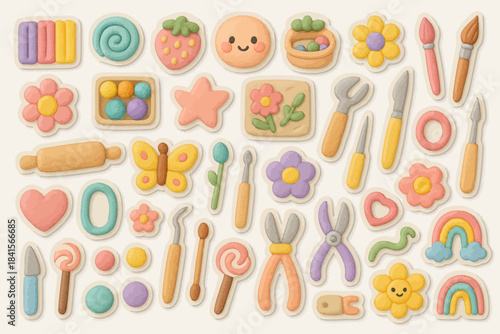 Colorful clay art tools and decorations with cute designs