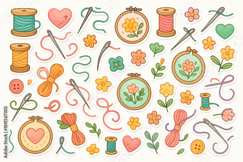 Colorful craft elements: embroidery, threads, needles, and decorative hearts and flowers