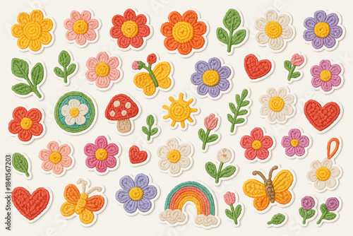 Colorful crocheted floral and nature patterns on white background