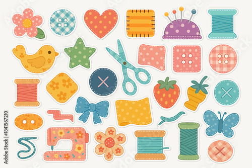 Colorful sewing craft elements with scissors, buttons, and thread spools