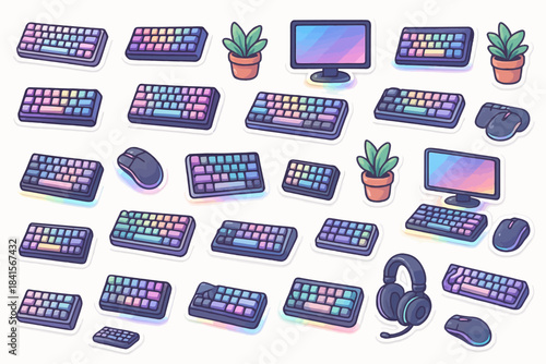 Colorful computer accessories collection: keyboards, mice, and monitors with rgb lighting