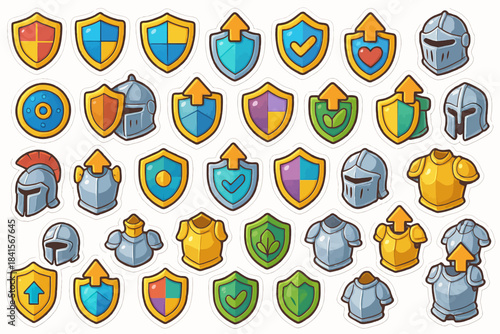 Colorful medieval armor and shield icons with various designs