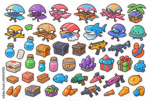 Colorful cartoon gaming icons: parachutes, weapons, and treasure chests