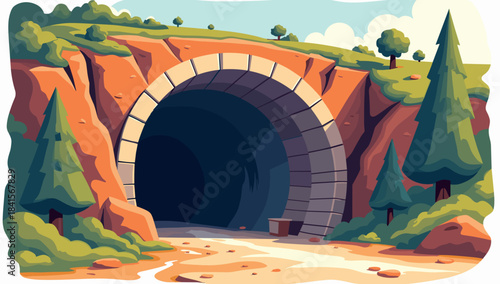 Collapsed tunnel entrance in stylized rocky landscape atmosphere of adventure exploration