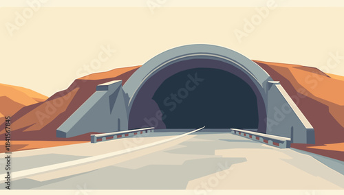 Collapsed tunnel entrance on desert road with stylized minimal landscape atmosphere of adventure exploration