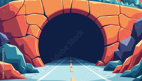 Collapsed tunnel entrance carved into bright rocky wall leading to dark road corridor atmosphere of adventure exploration
