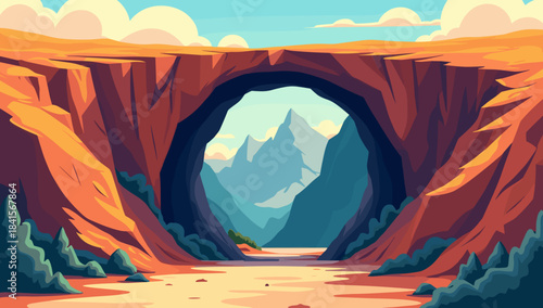 Collapsed tunnel entrance forming natural arch between colorful cliffs with mountains behind atmosphere of adventure exploration