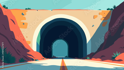 Collapsed tunnel entrance along desert highway framed by layered arch structure atmosphere of adventure exploration